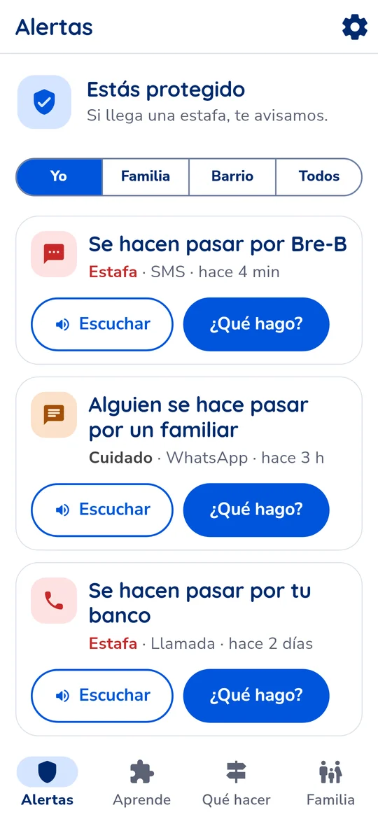 Pantalla de Alertas de Luma: Estás protegido, con alertas de estafa por SMS, WhatsApp y llamada