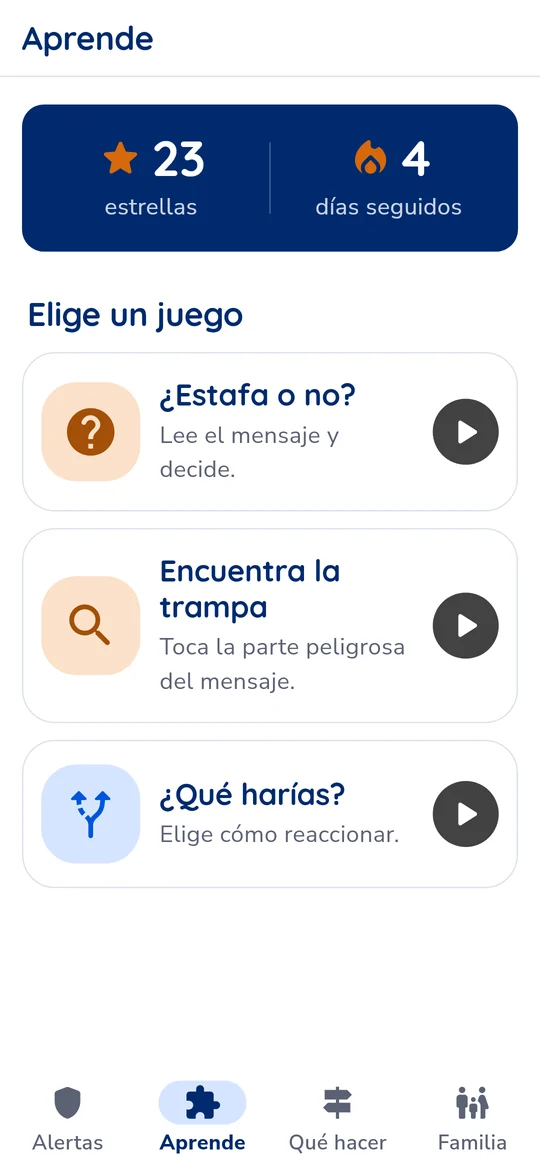 Aprende: juegos para reconocer estafas, con estrellas y racha